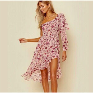 NWT For Love & Lemons Agnes Pink Floral One Shoulder Dress, size M